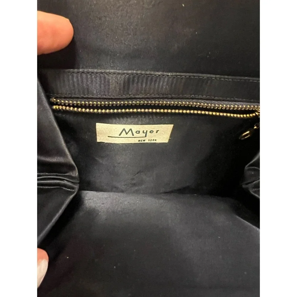 Vintage Mayer New York Handbag Purse Navy Suede Gold Trim Bow Handle
